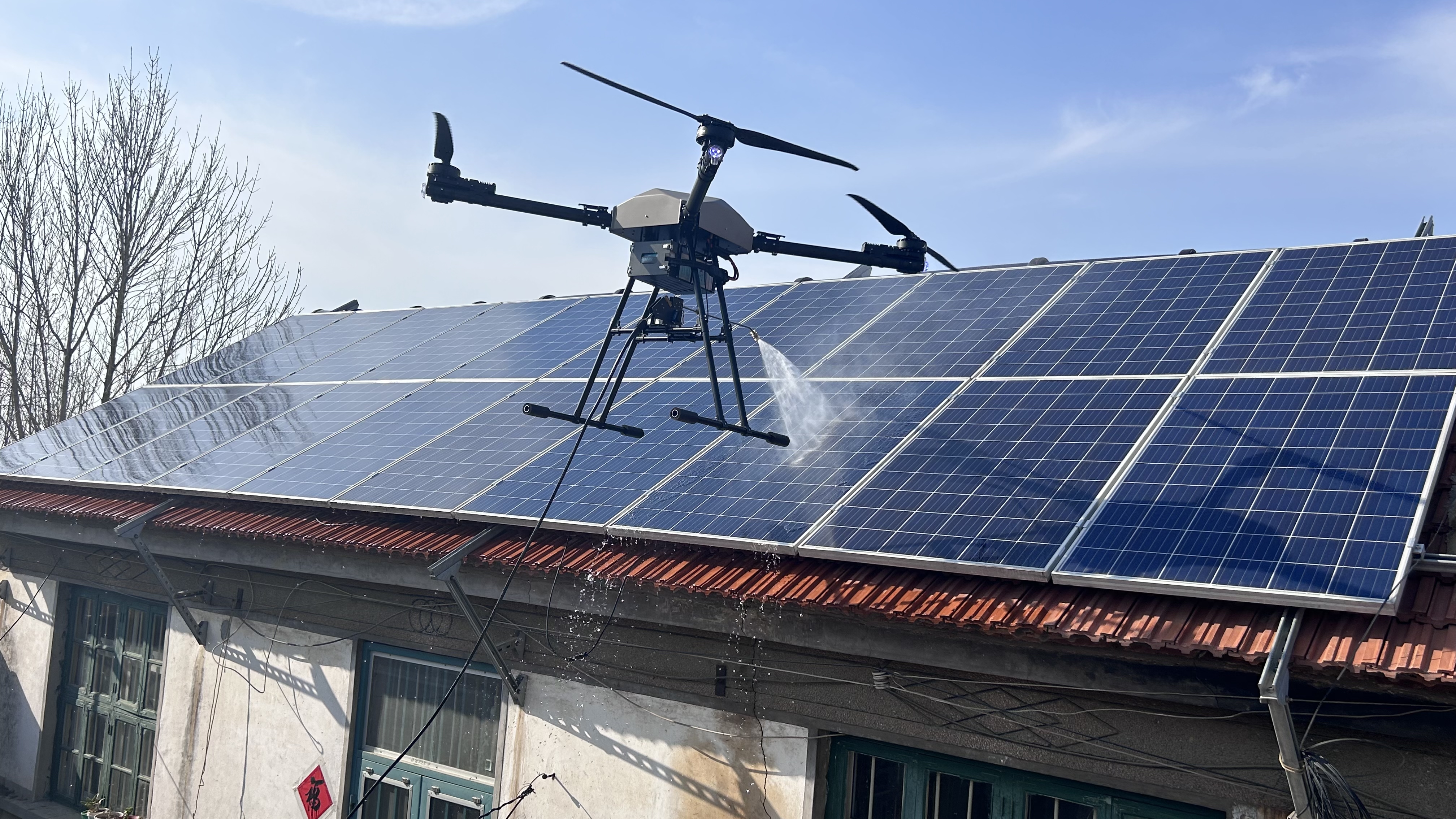 Drone cleaning a solar array